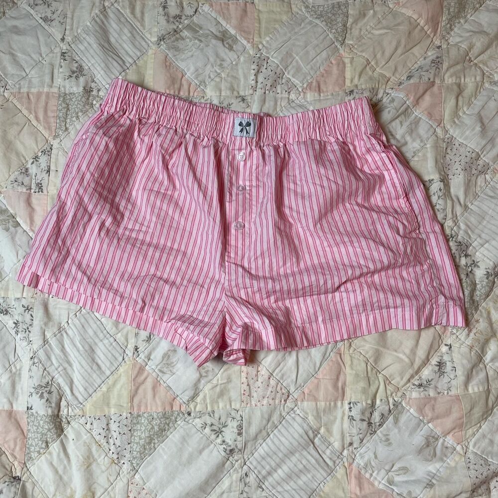 happily gray women’s pink striped 100% cotton coquette boxer sleep shorts large